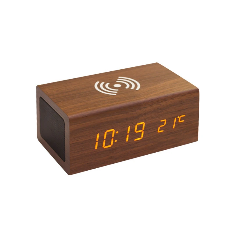 Amazon Best Seller Wireless Charger Digital Wooden Alarm Clock with BT Speaker for home office