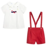 Baby Boutique Clothes Boy Summer Clothes Set Rmbroidery Plane White Cotton Shirt Red Shorts Toddler Spanish Clothing