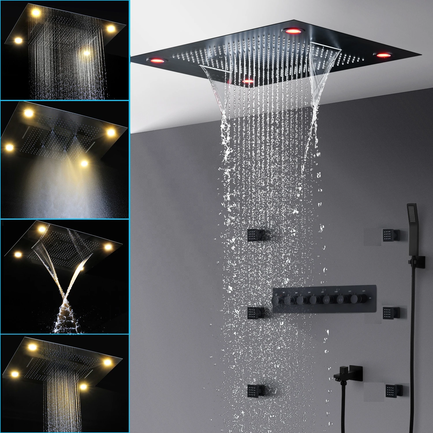 Bathroom Accessories LED Shower Head Rain Shower Head Set Thermostatic Mixer 6 Functions Massage Shower Faucet Set Matt Black