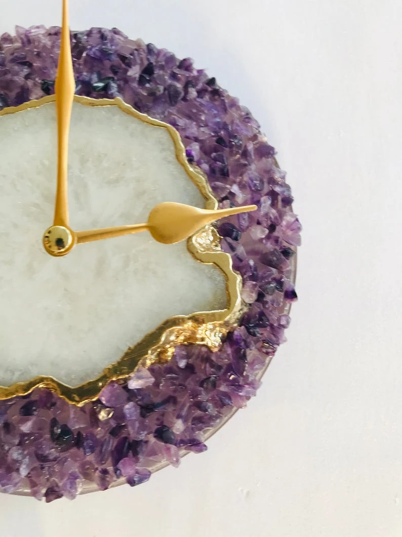 Best Christmas Modern Design Agate Wall Clock Stone Amethyst Chips and White agate Slice Coaster Home Decorative