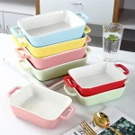 Best seller tableware custom logo colorful ceramic baking pan with double handle