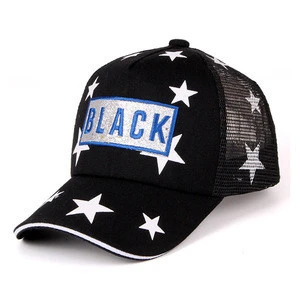black white all print star logo front emrbodiert patch cotton mix polyester mesh cap trucker hat