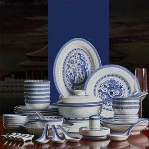 Blue And White Linglong Porcelain Household Gift 56 Pieces Underglaze Bowl And Plate Ceramic Tableware Set
