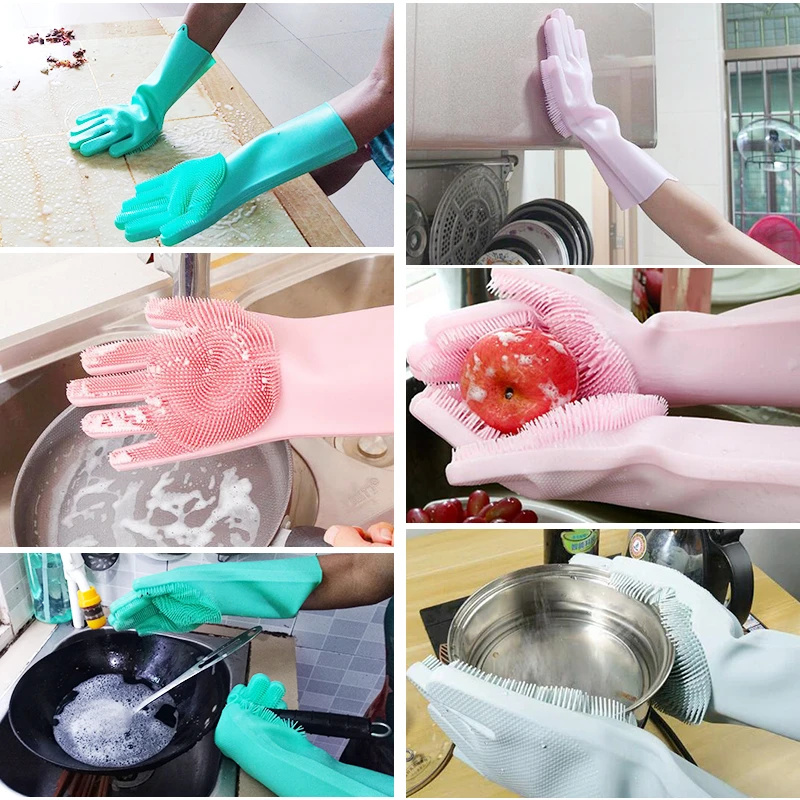 BPA Free Food Grade Silicone Rubber Heat Resistant Brush Magic Scrubber Glove Household Washing Cleaning Dishwashing Gloves