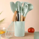BPA Free Non-Toxic 12 Pieces Silicone Kitchen Cooking Utensils Wooden Handle  Accessories Utensils Set