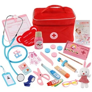 children Pretend Play Wood Doctor Toys Red Medical Kit Dentist Medicine Box kids wooden doctor set toy