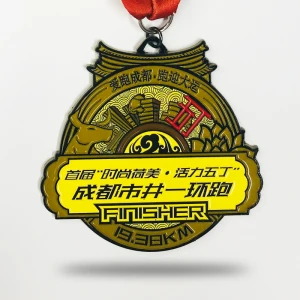 China cheap Custom metal design you own Marathon Running zinc alloy 3D gold metal award medal with sublimation ribbon