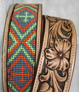 CUSTOM BEADED GENUINE LEATHER BELT WITH CROSS BEADING AND FLORAL TOOLING