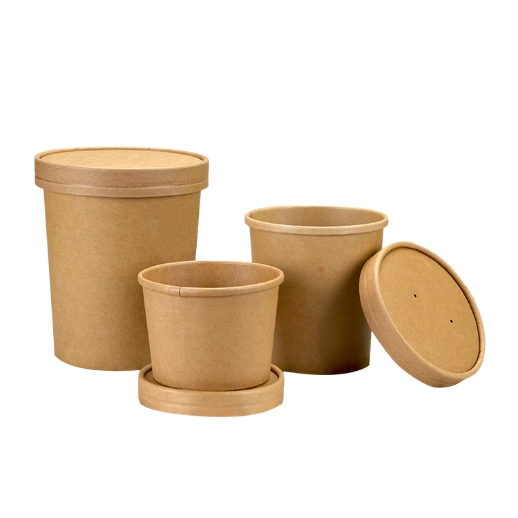 Custom Disposable Biodegradable Takeaway Hot Food Salad Soup Noodle Rice Brown Kraft Paper Bowl with Lid