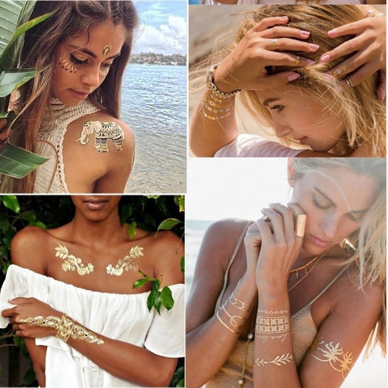 Custom printed Waterproof Gold Metallic Women Body Flash Sticker Temporary Tattoo