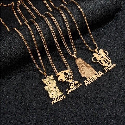 Customized Creative Kids Cartoon Character Necklace Personalized Stainless Steel Name Plate Necklace Jewelry
