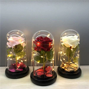 Decorative flower  High Quality gift flowers Artificial Rose in glass dome with led light Valentine&#39;s day flowers artificial
