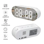 Dual USB Alarm Clock Digital Mirror Surface Dimmer Large LED Display Snooze Sleep Time Mirror Clock