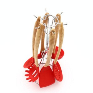 Eco friendly Bamboo and Silicone kitchen Cooking Utensils RED Set of 6 Cooking Cookware Kitchen Utensils
