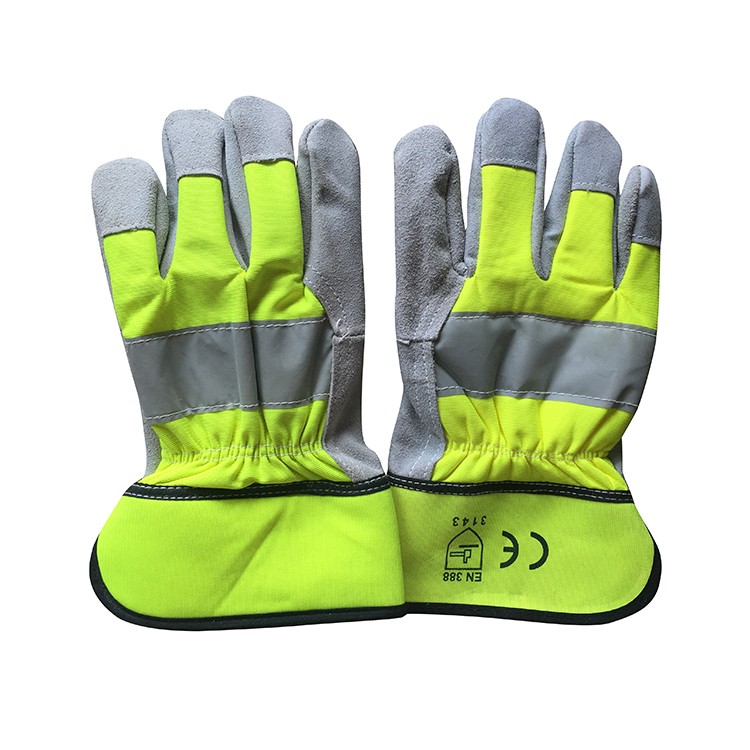 en388 en420 Fluorescent Yellow Cowhide Leather Safety Reflective Gloves CE
