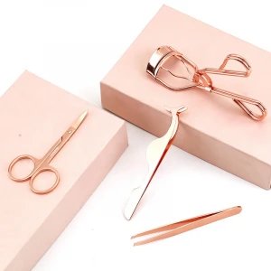 Eye Glam Kit Makeup Tools Set, Lash Curler Rose Gold Eyelash Applicator Tweezers Set with Scissors