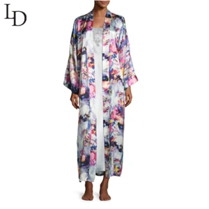 Fashion lady printed soft sleepwear long satin womens nightgown