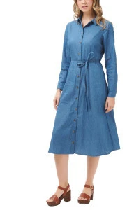 Fashion Light Blue Long Sleeves Button Down Ladies Chambray Shirt Dress