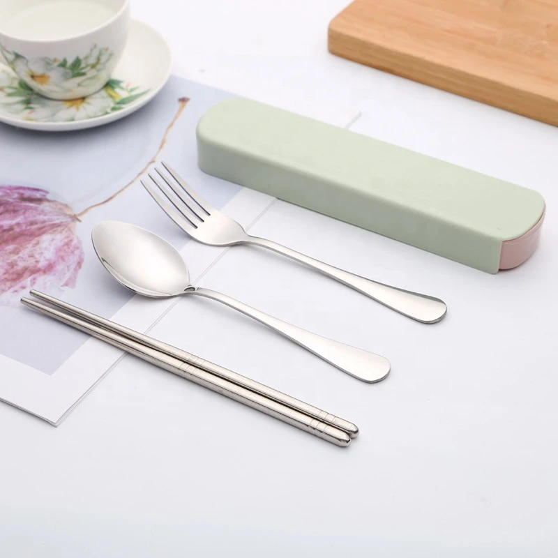 Food Grade Student  Portable Flatware Sets , Stainless Steel 304  Metal Spoon Fork Chopsticks set
