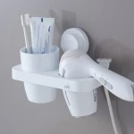 functional wall mounted suction plastic bathroom hair dryer holder with toothbrush cup