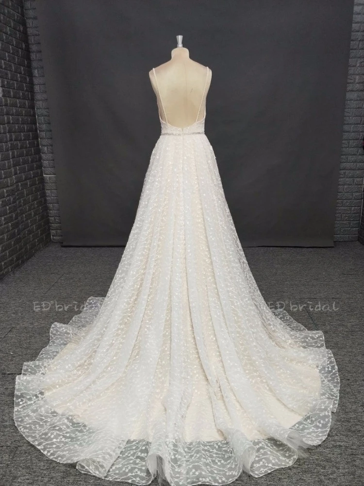 Heavy Lace Wedding DressBridal Dresses Long Gown Sexy Deep V Neck Open Back Wedding Dresses with Spaghetti Straps