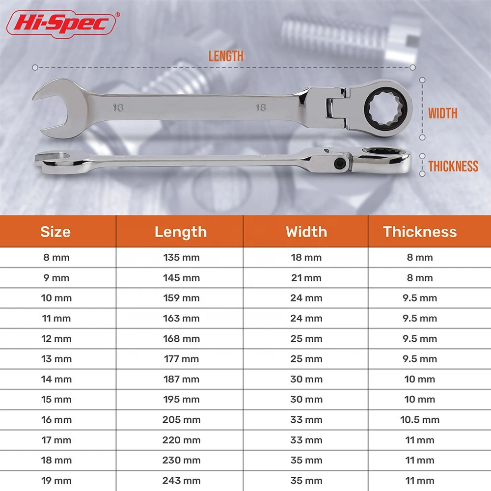 Hi-Spec 12pc Flexible Combination Wrench Set Ratchet Wrench Torque Wrench Spanner