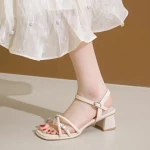 High Quality Thick Heel Cross Design Sandals Fashionable Simple Women High Heeled Sandals