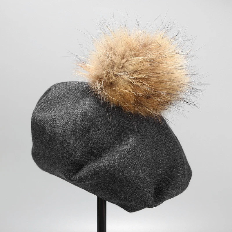 Hot sale Ins winter new real wool ball wool knitted bud painter fashion women beret hat
