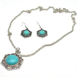 Hot sale womens vintage silver necklace and earrings jewelry set with turquoise