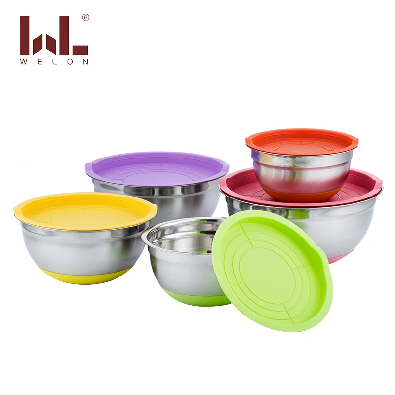 Hot selling mixing unique bowls stainless steel salad bowl with silicone bottom and pp lid