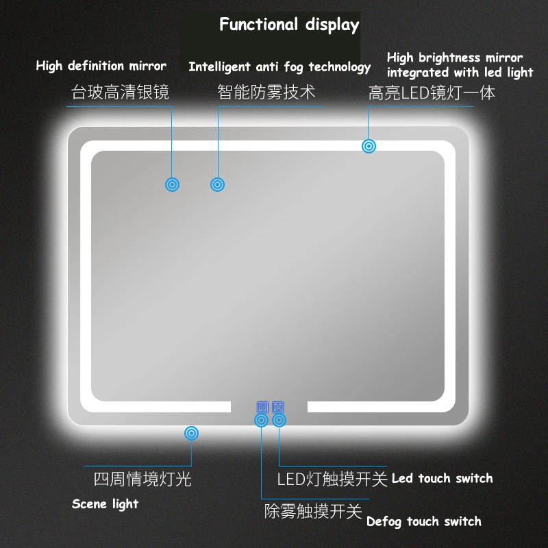Hotel use Rectangle Custom touch screen Illuminated LED Mirror
