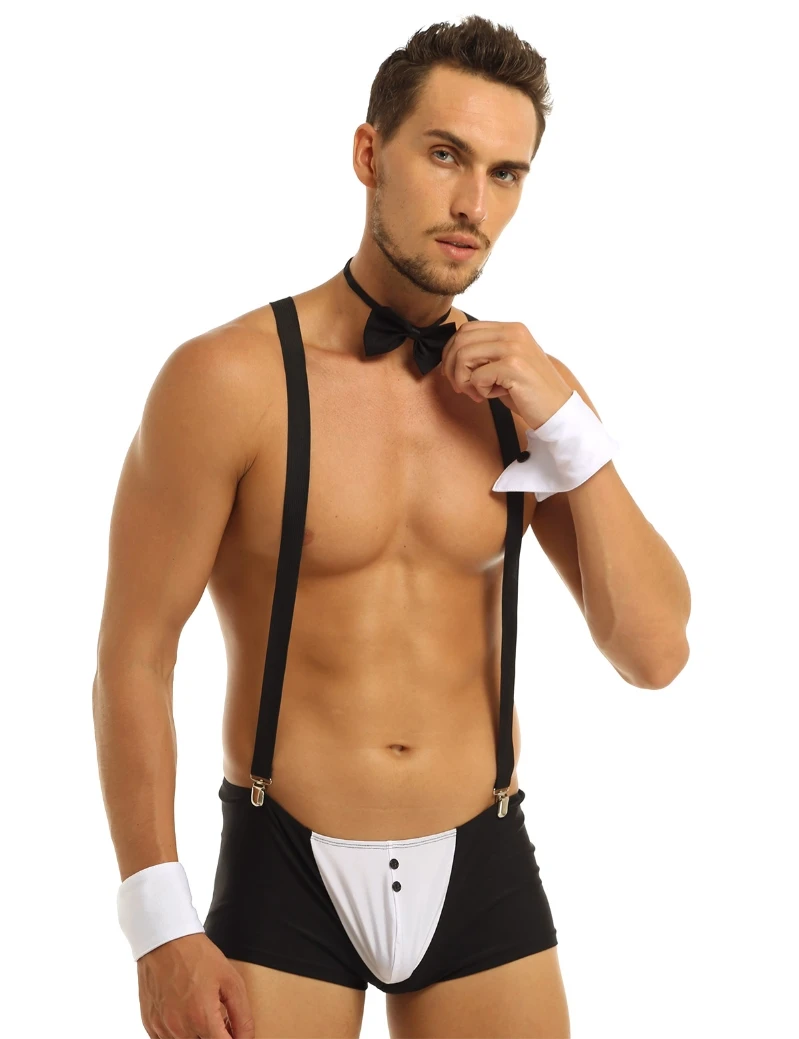 iEFiEL Mens Tuxedo Waiter Cosplay Costume 4Pcs Sexy Gentleman Outfit Y Back Tuxedo Thongs Lingerie Set