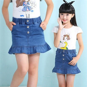 JS-190G Little Girls Modeling Ruffle Blue Denim Jean Skirt Summer Spring Skort Jeans