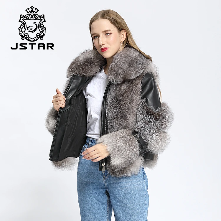 JSTAR Fur collar jacket with cuffs genuine leather coat with fox fur gray fox fur womens coat