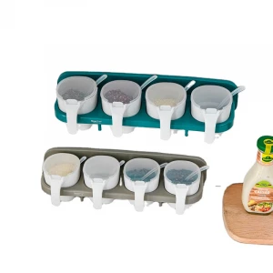 Kitchen Seasoning Box Compartment Condiment & Spice Box Serving Set with Spoons Wall MountedSeasoning Box Storage Container Rack