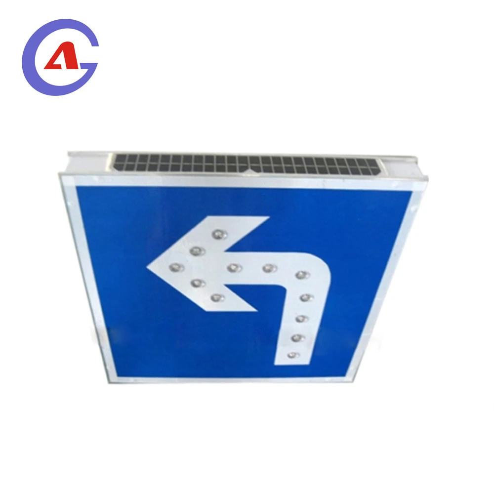 led flashing road sign one way street at left turn arrow blue white traffic sign