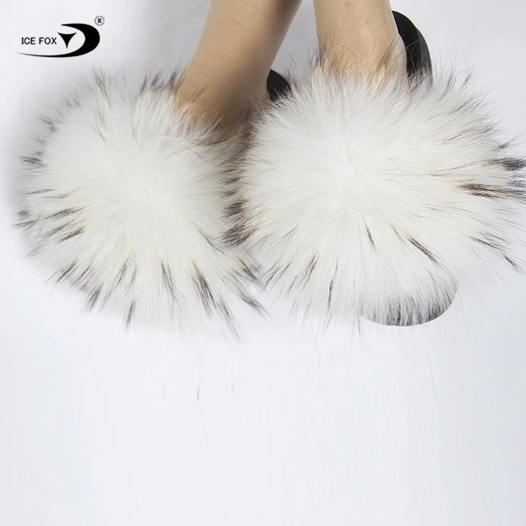 Luxury custom summer mixed color dyed soft fluffy fur slippers women raccoon fur slides