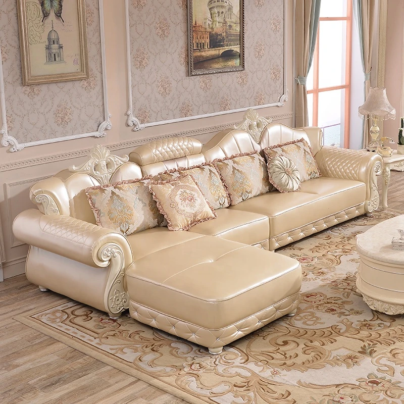 Luxury French Style  Golden Leather Wooden Corner Sectional Sofa Set Living Room Furniture