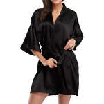 luxury  lady womens satin plain short kimono robe bathrobe silk pajamas dressing gown robes