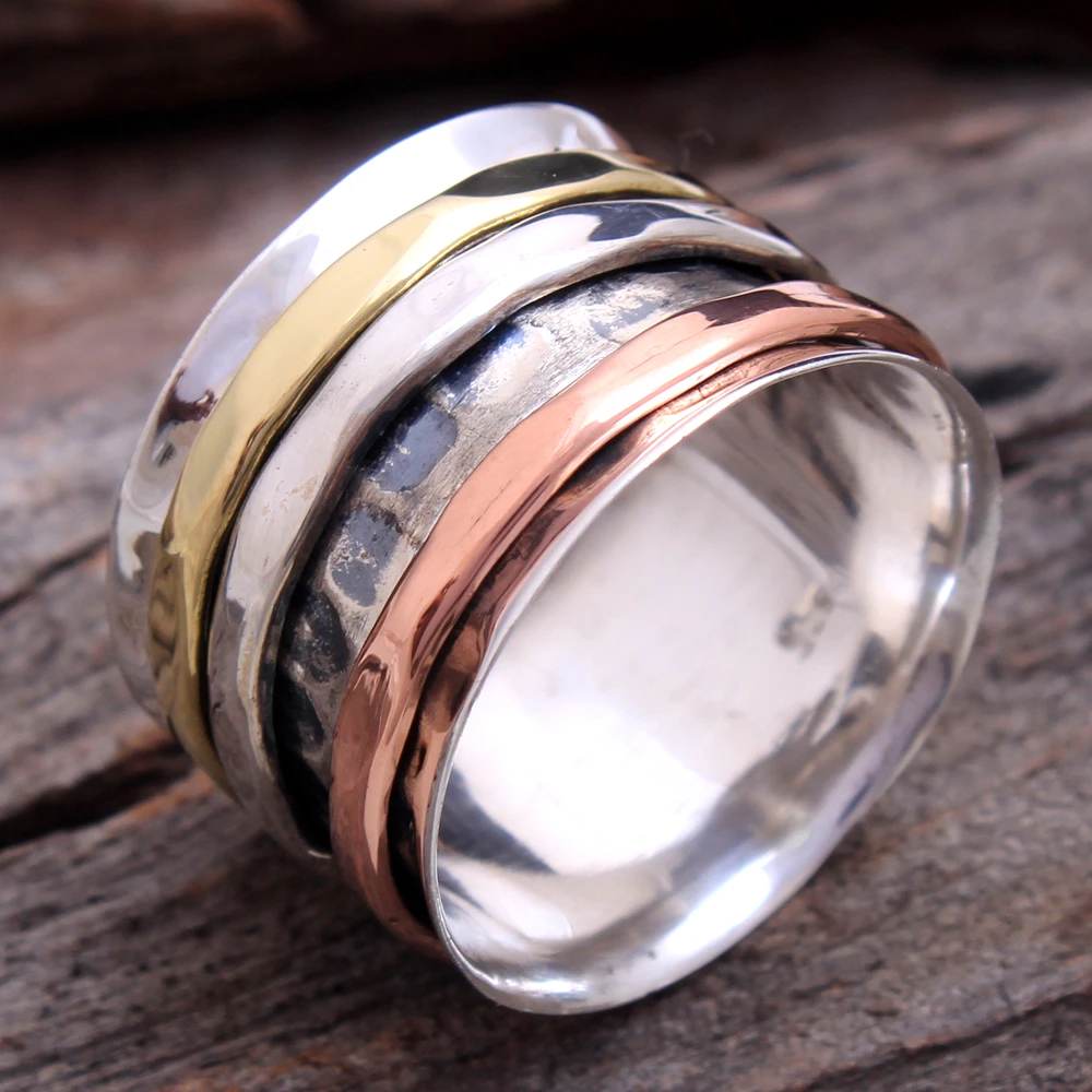 Meditation plain silver three tone 925 sterling silver fidget spinner ring wholesale online handmade jewelry