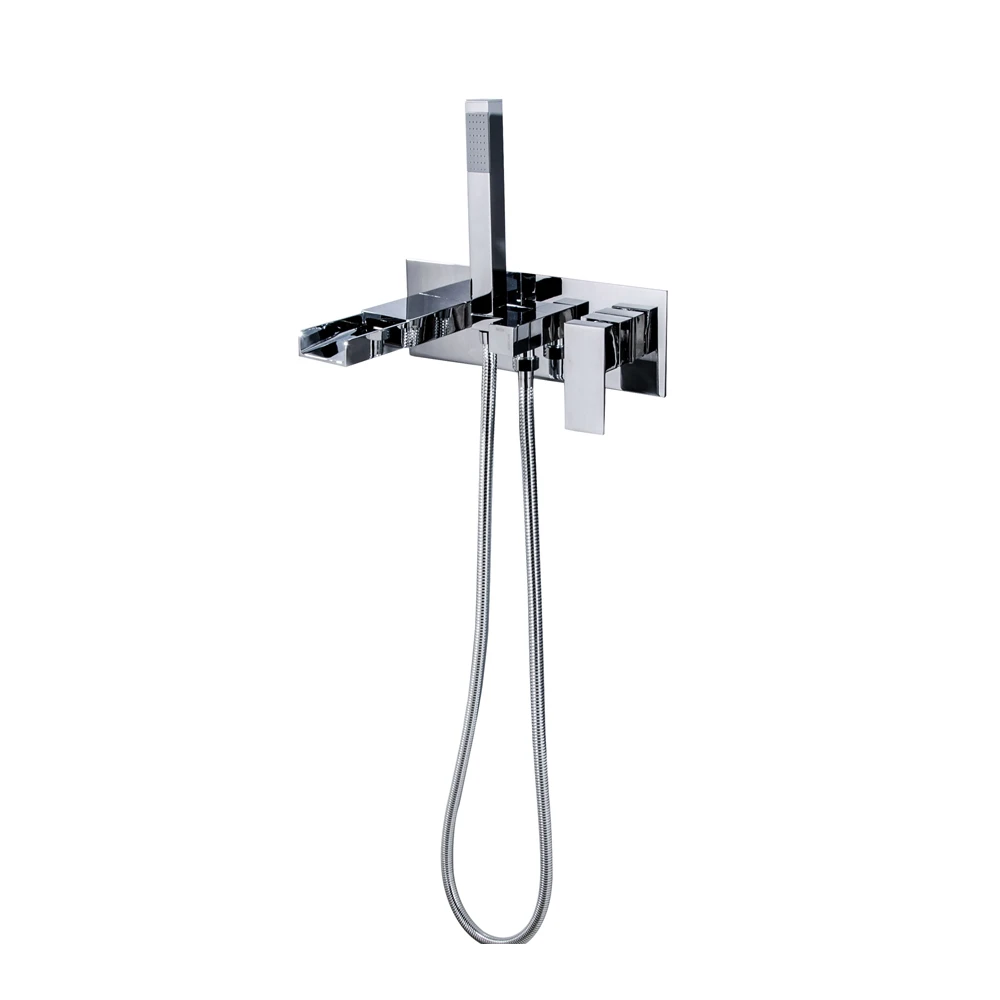 Modern Chrome Finish In-wall Bath Shower Set with Brass Handle Shower and Waterfall Tub Filler