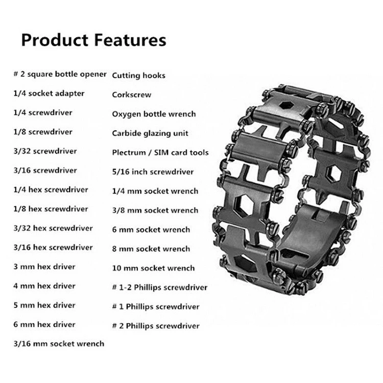 Multi Tool Bracelet for Men, 29 in 1 Stainless Steel Multifunction Bracelet Travel Friendly Wearable Multitool Tread Bracelet