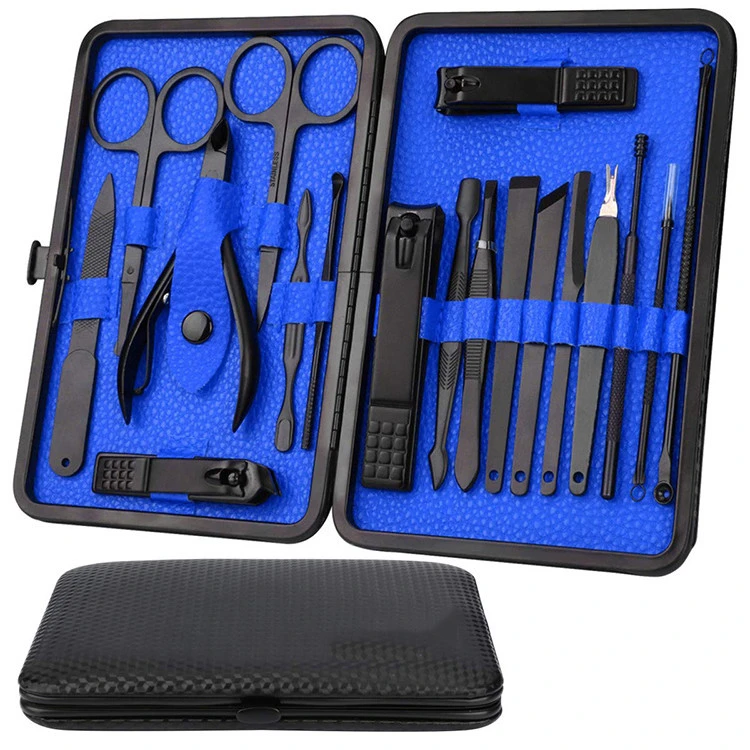 Nail Manicure Inner Blue Leather Case Set Festival Gift Black 18 Piece Stainless Steel Manicure Pedicure Set Kit