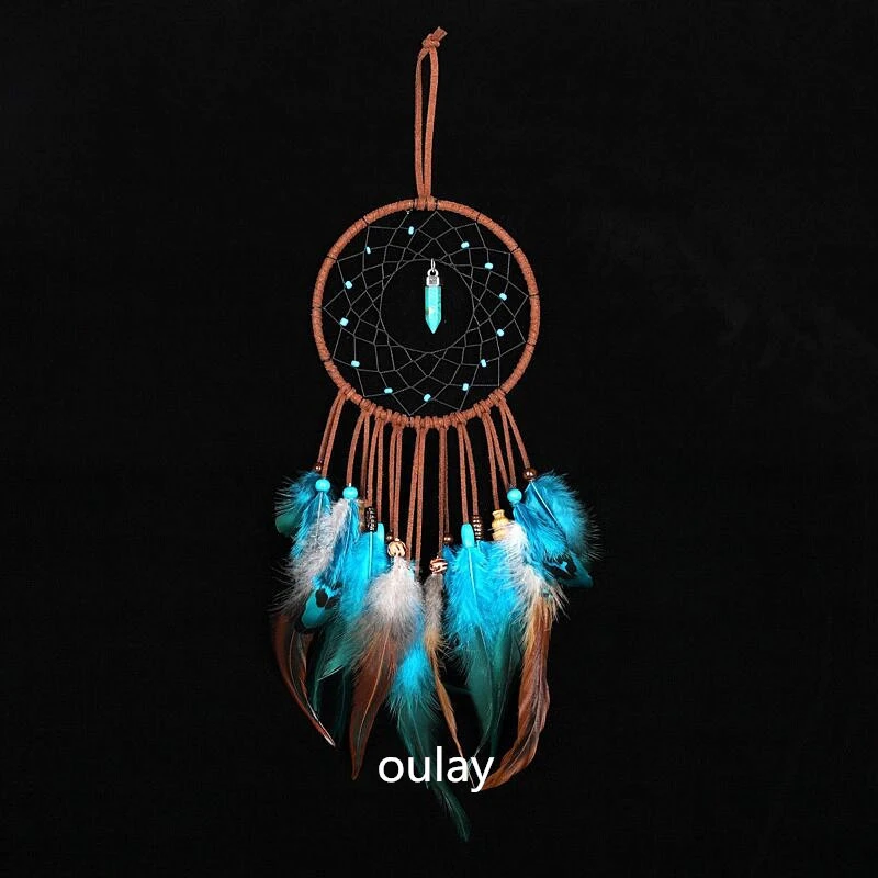 Natural Feather Craft Indian Dream Catcher Tassel Ornament Home Decoration with Light Creative Gift