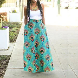 New Arrival Casual wear Women Traditional African Circle Skirt with Pockets Peacock Printed Ladies Clothing