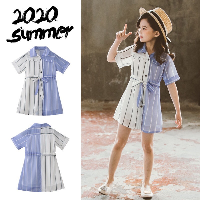 New fashion teen Girls summer short sleeve striped patchwork shirt dress Girls casual Dress