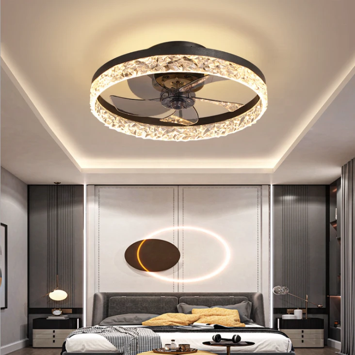 New Luxury Crystal Coffee Gold Ceiling Fan Blades Exposed With LED Light