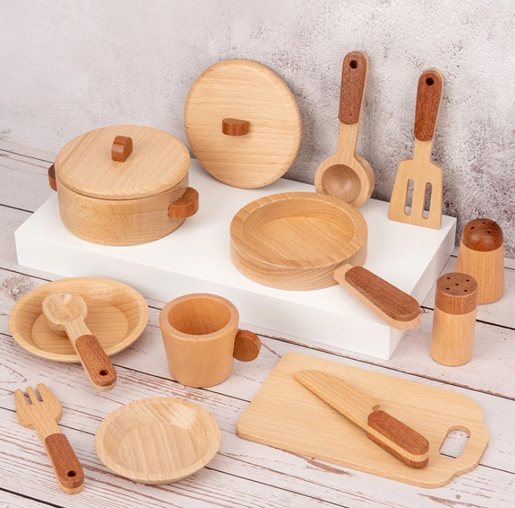 New style natural Beech wood cooking utensils toys Mini solid wood kitchenware toys Simulation toys wood kitchenware set