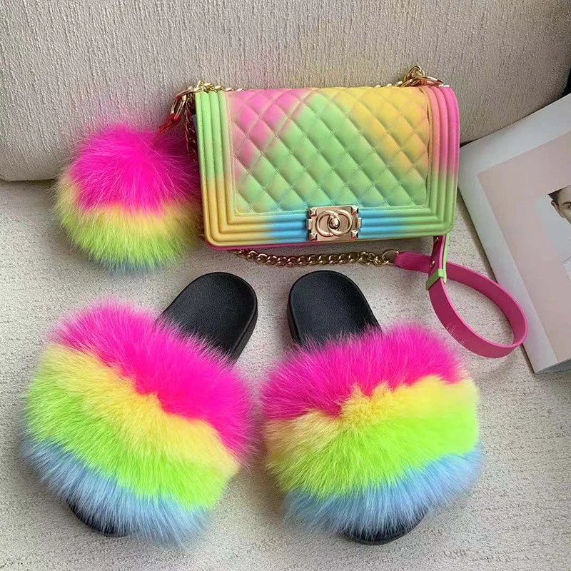 New style soft and fluffy fur slides sandals soft fox and raccoon fur slippers women