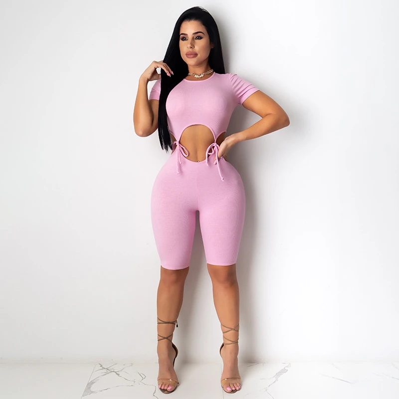 New Women Solid Casual Jumpsuit Strap Hip Lifting Short Sleeve One Piece Jumpsuit